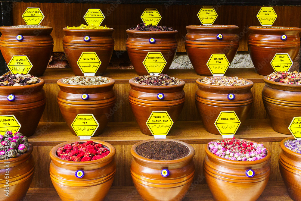 Spices and dry flowers in pottery for sale at the market -bazar) in Istanbul