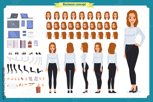 Woman architect in suit and protective helmet. Character creation set.businesswomen. Full length, different views, emotions and gestures.