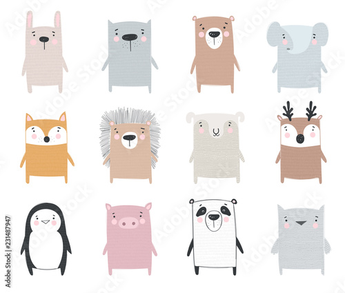 Vector collection of cute animals. Doodle illustration. Winter holidays, baby shower, birthday, children's party.