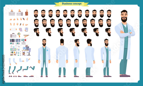 Scientist character creation set. Man working in science laboratory at experiments. Full length, different views, emotions, gestures. design.