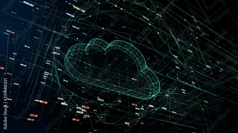 Cloud technology, cloud computing symbol, random moving numbers and others elements which creating abstract 3D information technology animation