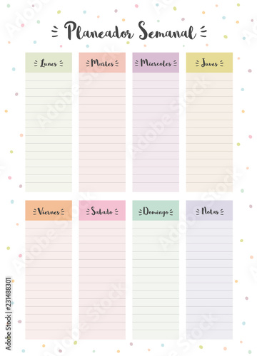 Simple Colorful Spanish Weekly Planner. Printable Vector Schedule. White Background. 8 Columns. Each Day in Different Bright Pastel Colors. Delicate Personal Daily Planner.