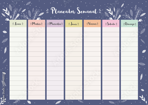 Simple Colorful Spanish Weekly Planner. Printable Floral Vector Schedule. Dark Blue Background. 7 Columns. Each Day in Different Bright Pastel Colors. Delicate Personal Daily Planner.