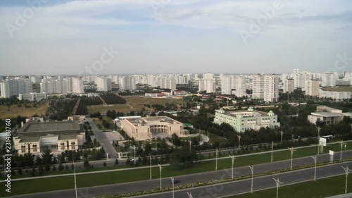 The city of Ashgabat. Residential areas of the city with the road adjacent to it in Turkmenistan