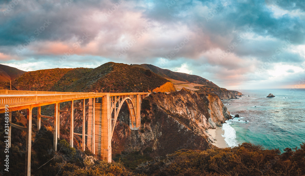 Bixby Bridge along Highway 1 at sunset, Big Sur, California, USA