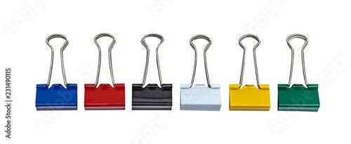 Stationery clips are colored. Isolated on white.