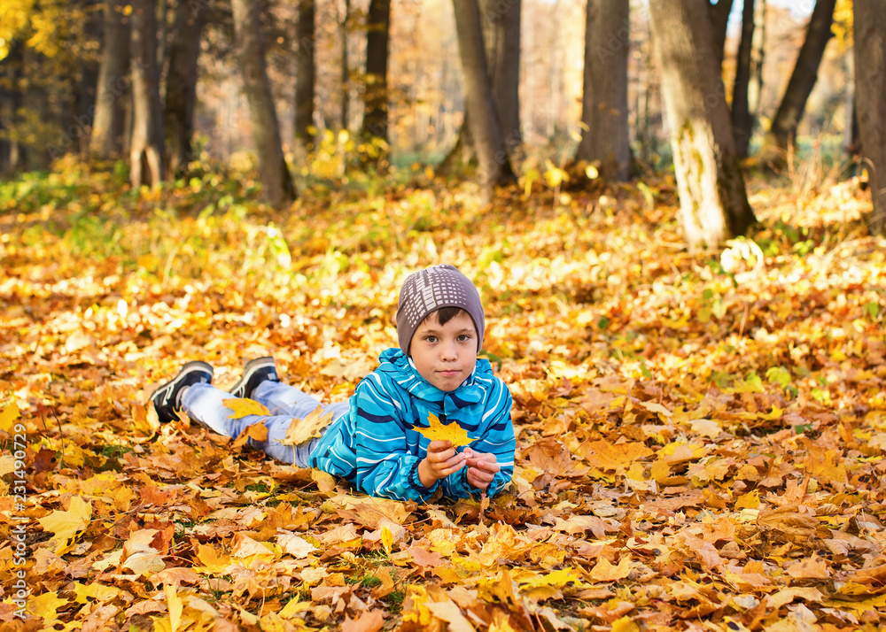 Child boy in autumn park with foliage. He lies on the yellow leaves. Child boy in autumn park with foliage. He lies on the yellow leaves.