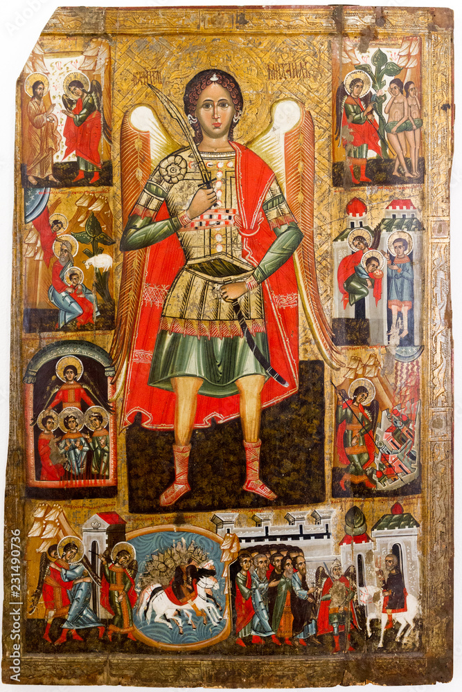 Bardejov, Slovakia. 9 August 2018. An icon of Saint Michael the Archangel. Around 1550-1580. From the wooden church of Saint Demetrius in Rovne, Slovakia. Currently in a museum in Bardejov.