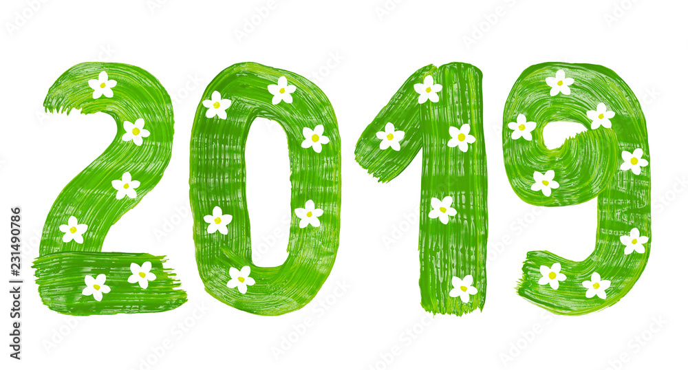The Christmas, New Year drawn by green paints with white blossom form of inscriptions, 2019 numbers, isolated on white. The Christmas, New Year drawn by green paints with white blossom form of inscriptions, 2019 numbers, isolated on white.