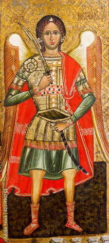 Bardejov, Slovakia. 9 August 2018. An icon of Saint Michael the Archangel. Around 1550-1580. From the wooden church of Saint Demetrius in Rovne, Slovakia. Currently in a museum in Bardejov.