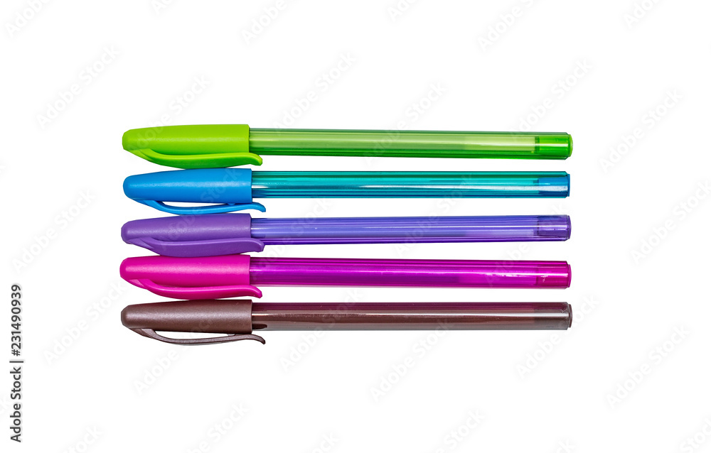A set of colored gel ballpoint pens. Brown, pink, turquoise, purple, green with caps. Isolated on white. A set of colored gel ballpoint pens. Brown, pink, turquoise, purple, green with caps. Isolated on white.