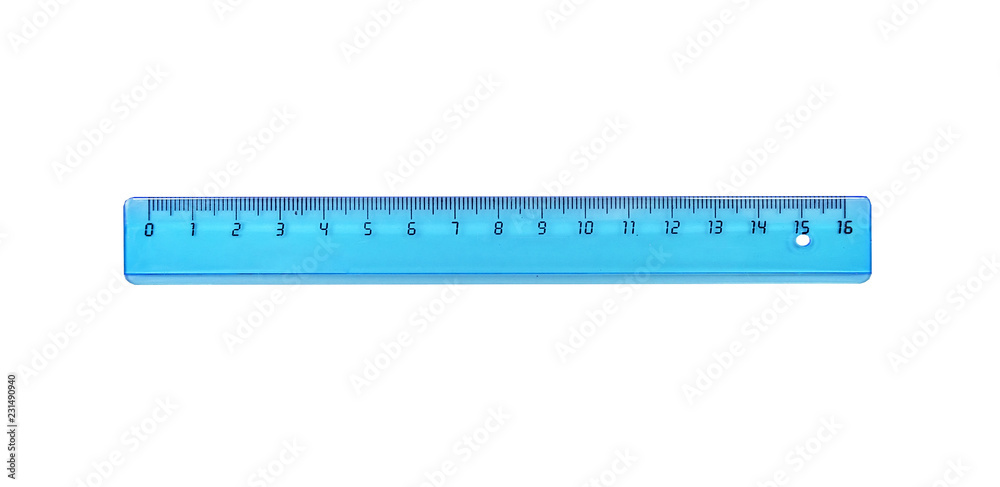 The blue ruler is plastic for measuring centimeters and millimeters. Isolated on white. The blue ruler is plastic for measuring centimeters and millimeters. Isolated on white.