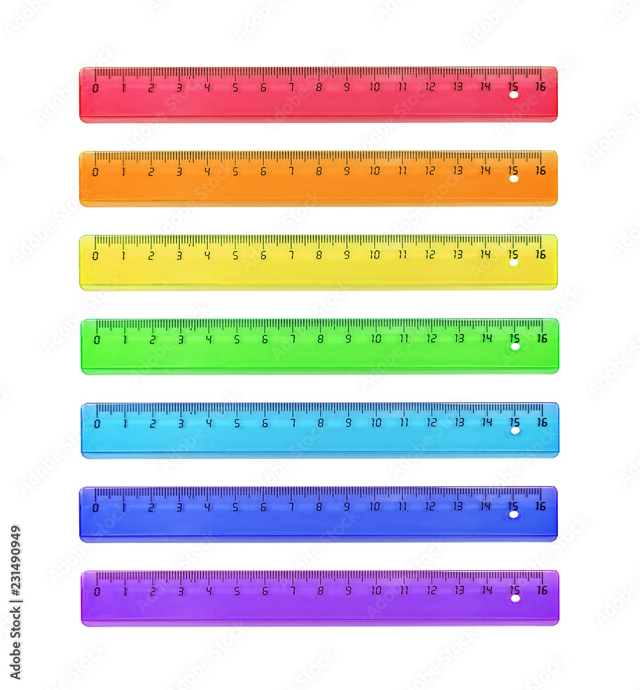 Set of rulers is plastic for measuring centimeters and millimeters