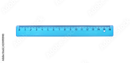 The blue ruler is plastic for measuring centimeters and millimeters. Isolated on white.