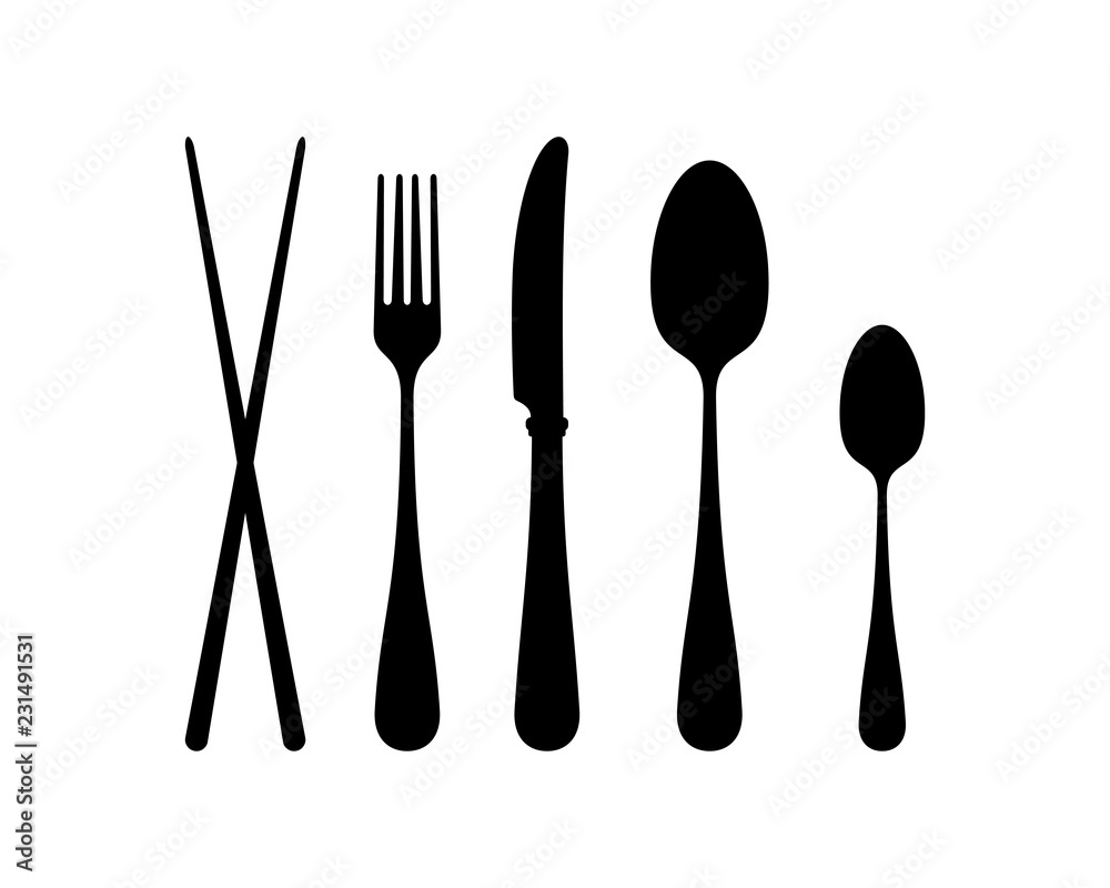 Silhouette Vector Spoon, Fork, Knife, and Chopsticks Cutlery on the Restaurant Sign Symbol Icon Logo Template Design Inspiration