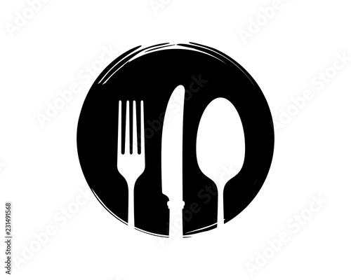 Silhouette Vector Fork, Knife, and Spoon  in the Classic Circle Sign Symbol Icon Flat Logo Template Design Inspiration