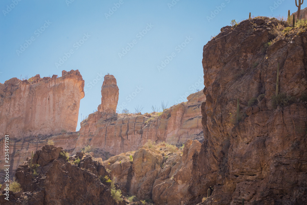 Arizona desert wilderness sheer rocky cliffs surround a man made lake in Arizona's wilderness area