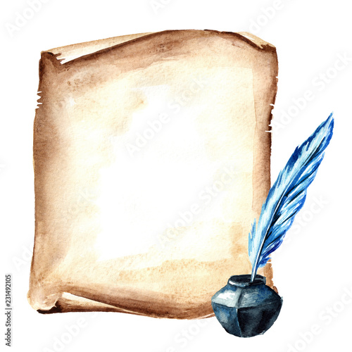 Принти на полотні Old paper scroll or parchment with pen and inkwell