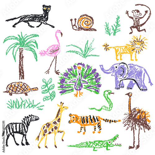 Wild animals set. Crayon like kid`s hand drawn giraffe, elephant, lion, monkey, zebra, crocodile isolated on white. Child`s drawn stroke colorful pastel chalk or pencil vector art. Doodle funny style
