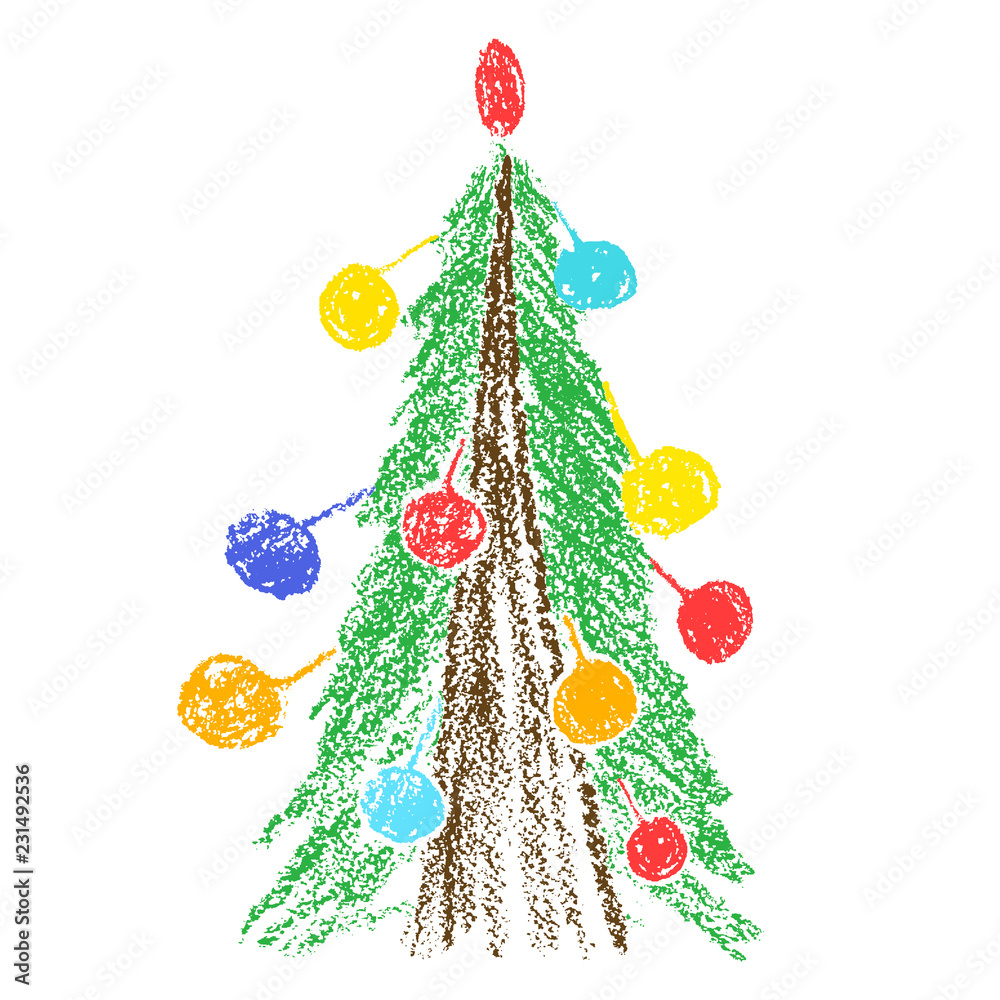 Hand drawing christmas tree with balls. Like child's drawing ...