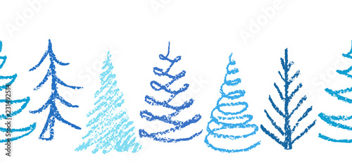 Christmas tree seamless border or pattern on white. Crayon or pencil like kids hand drawing doodle art stroke. Like child's drawn holiday vector background or frame. Sketch grunge texture fir-tree