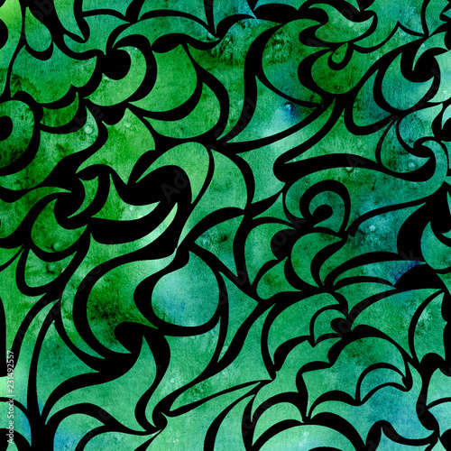 Watercolor abstract pattern. Green dark wave fluid hand painted texture with emerald color. Hand drawn background.