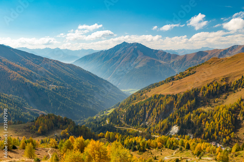 Colorful autumn alpine valley with larch forest in Grossglockner area, Austria