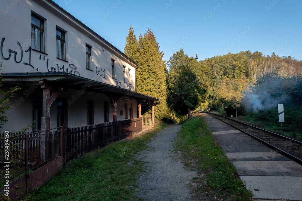 Fototapeta premium An old railway station with a painted building at the railroad in the forest