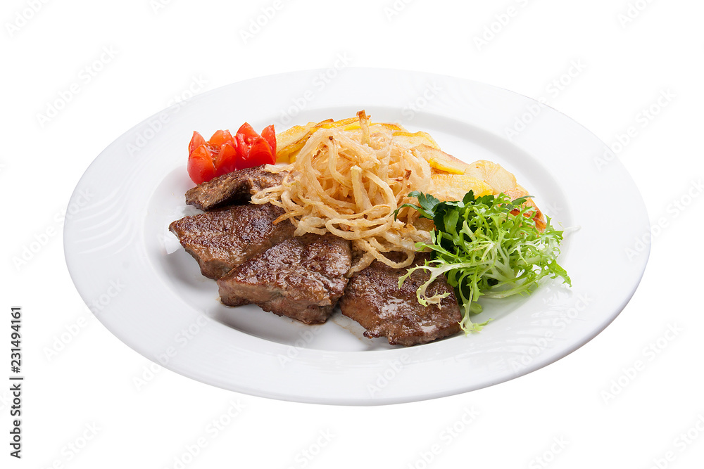 Veal liver with potatoes on a white plate Veal liver with potatoes on a white plate