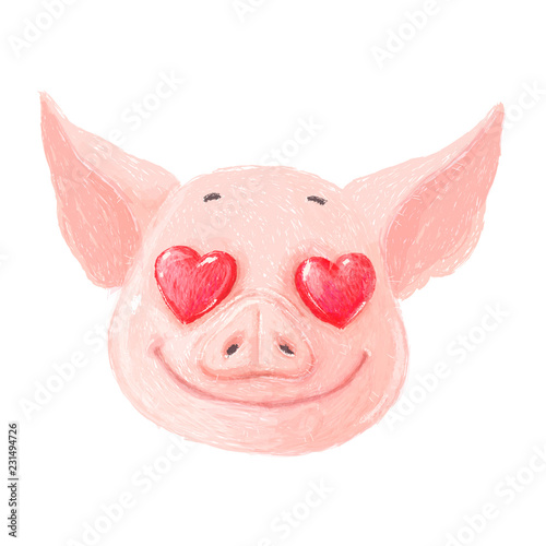Adorable pig character in love. Cute little piglet face isolated on white background. Pig emotion collection. Vector hand draw illustration.