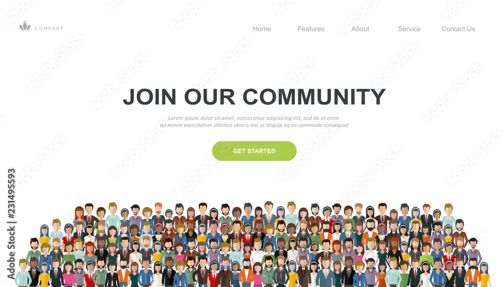 Join our community. Crowd of united people as a business or creative community standing together. Flat concept vector website template and landing page design for invitation to summit or conference - obrazy, fototapety, plakaty 