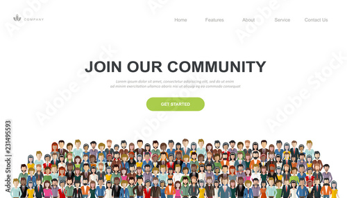 Join our community. Crowd of united people as a business or creative community standing together. Flat concept vector website template and landing page design for invitation to summit or conference photo