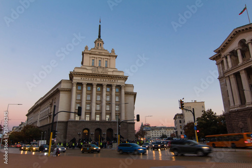 Dramatic sunset on the Parliament of Sofia, Bulgaria