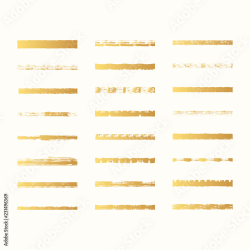 Collection of golden ink brush strokes, brushes, grunge lines. Rough edge design elements. Dirty boxes. Vector isolated illustration. 