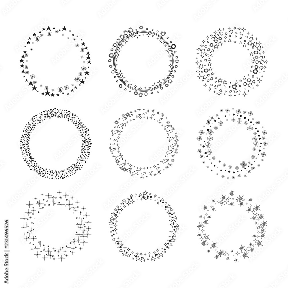 Star dust frame collection. Starry sky wreath. Hand drawn isolated background. Design vector cosmos borders illustration.
