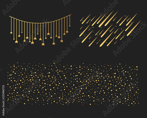Golden star dust texture. Vector meteorite shower, falling meteors and asteroids. Glowing light sparkles in the space night sky. Isolated illustration. Lullaby starry background.