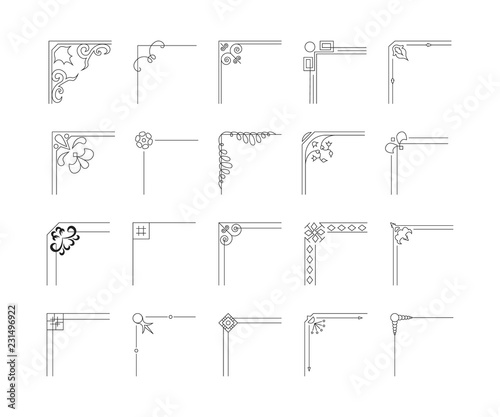 Set of design flourish borders and corners. Text decoration elements. Swirl Ink frames.