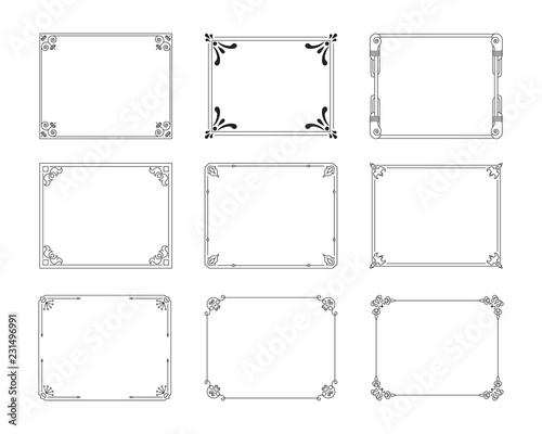 Vintage rectangular hand drawn frames set, vector isolated flourish design elements. 