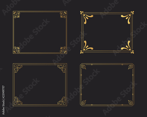 Set of golden vintage borders. Gold rectangular hand drawn swirl frames. Vector isolated flourish design elements. 