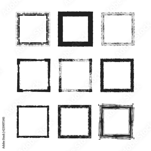 Rough grunge frames set. Square ink torn box. Japanese brush. Vector isolated illustration.