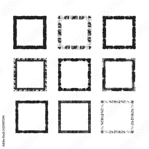Rough grunge Japanese frames set. Square ink torn box. Vector isolated illustration.