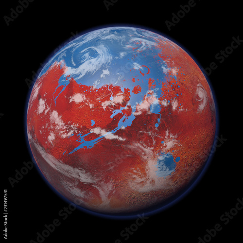 Fototapeta Naklejka Na Ścianę i Meble -  early Mars with oceans and clouds, surface water on the red planet