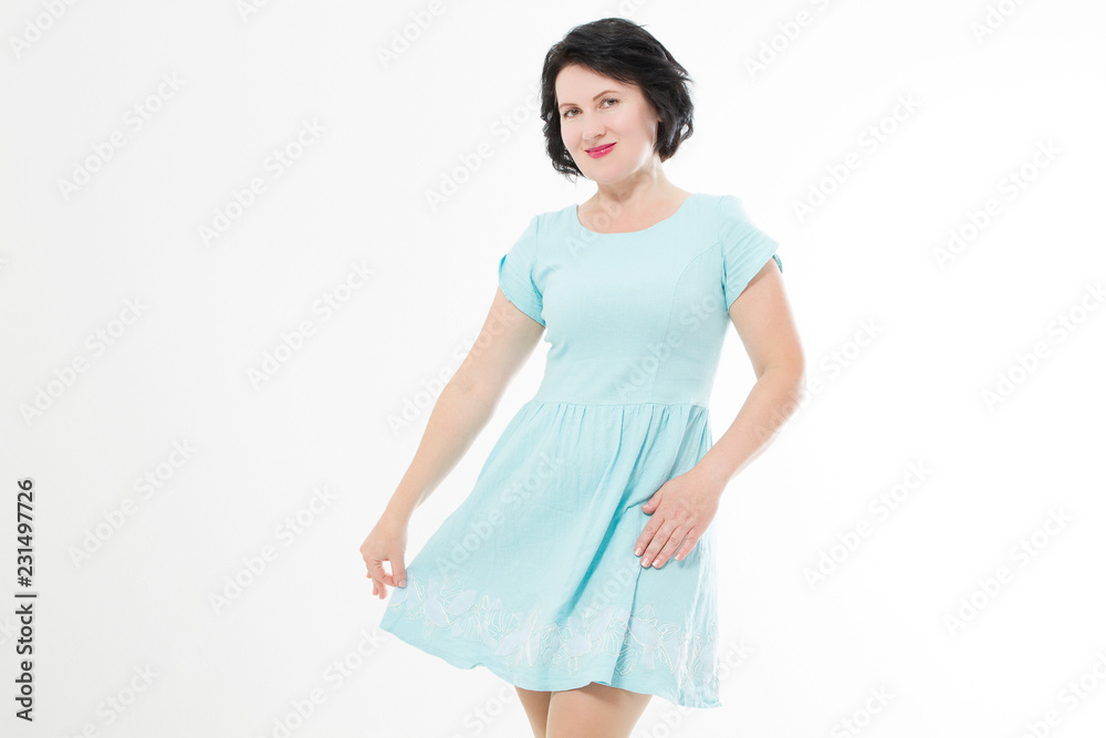 Happy middle age woman in fashion template blank dress with make up isolated on white background. Copy space Happy middle age woman in fashion template blank dress with make up isolated on white background. Copy space