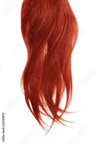 Red hair, isolated on white background. Long and disheveled ponytail