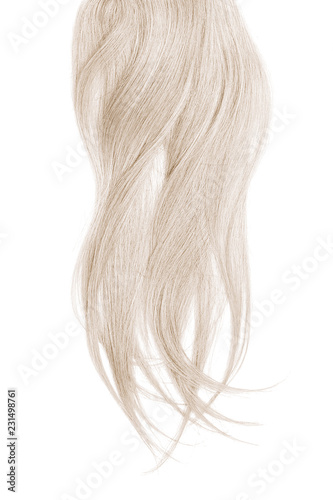 Blond hair, isolated on white background. Long and disheveled ponytail