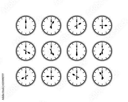 Silhouette Vector Lunchtime with Fork and Spoon Clock Sign Symbol Icon Set Logo Template Design Inspiration