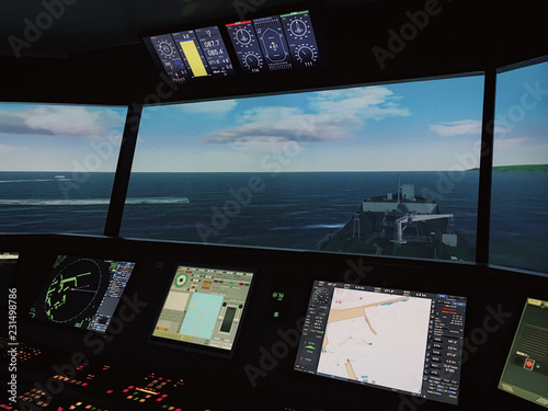 Inside bridge view of a maritime simulation centre. photo