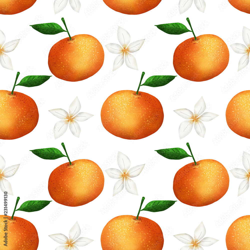 orange tangerines with a flower on a white background pattern, seamless pattern