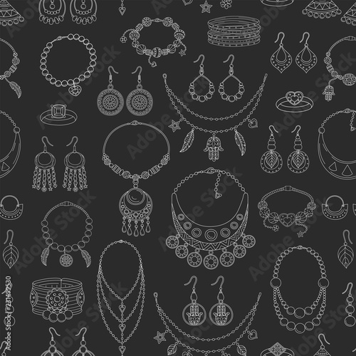 Fashionable jewelry collection vector seamless black pattern.
