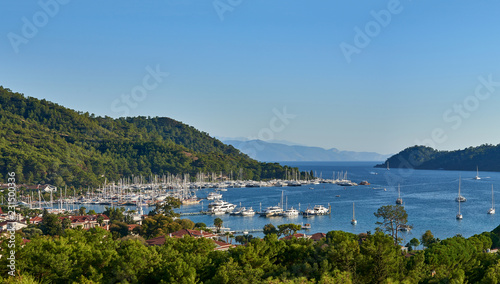 Panoramic view of bay and city of Gocek - Fethiye, Turkey with marina and yachts. © ozmen